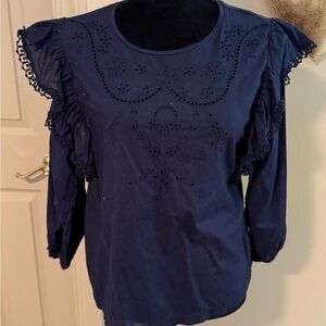 J. Crew Navy Blouse with Lace and Ruffles